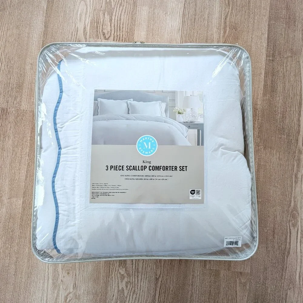 NEW Martha Stewart Cotton Percale 3 Piece King Comforter Set Blue Scallop